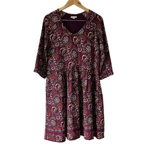 Garnet Hill Purple Floral Print Dress V Neck 3/4 Sleeve Bohemian‎ Pocket-Detail